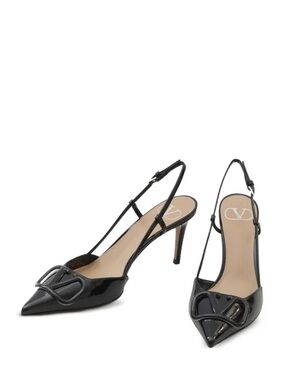 Valentino Black Patent Leather Pointed Slingback Pumps with Logo Accent